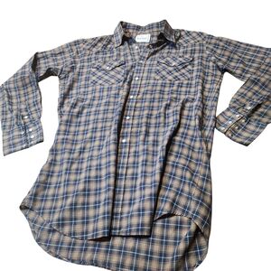 Classic Blue and Brown Plaid Men's Shirt Vinyage Western Syle With Snap Buttons.
